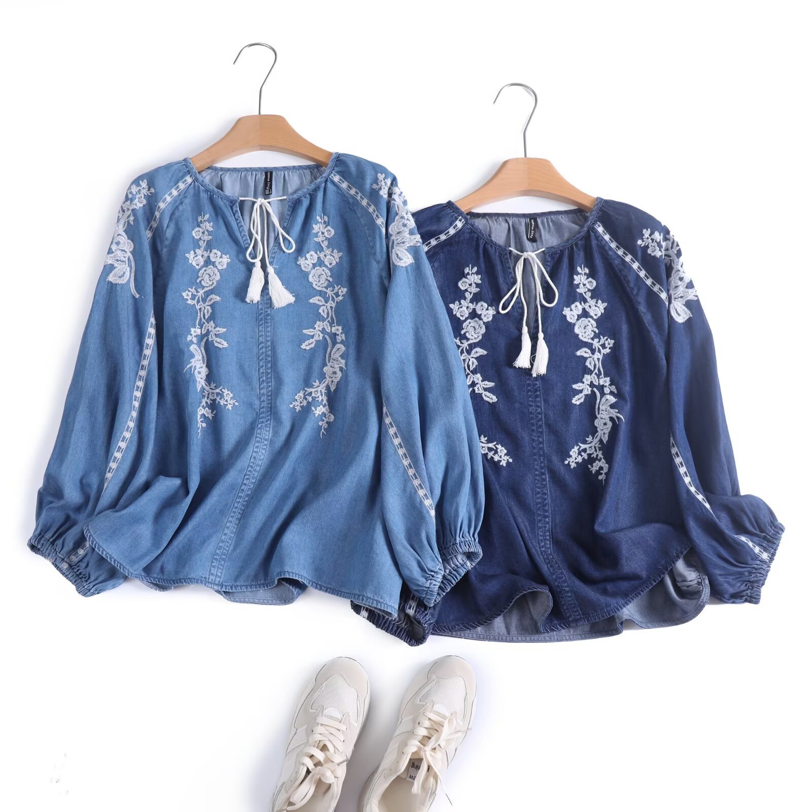 Tassel Fringe Trim - Mulheres denim blusa superior flor bordado